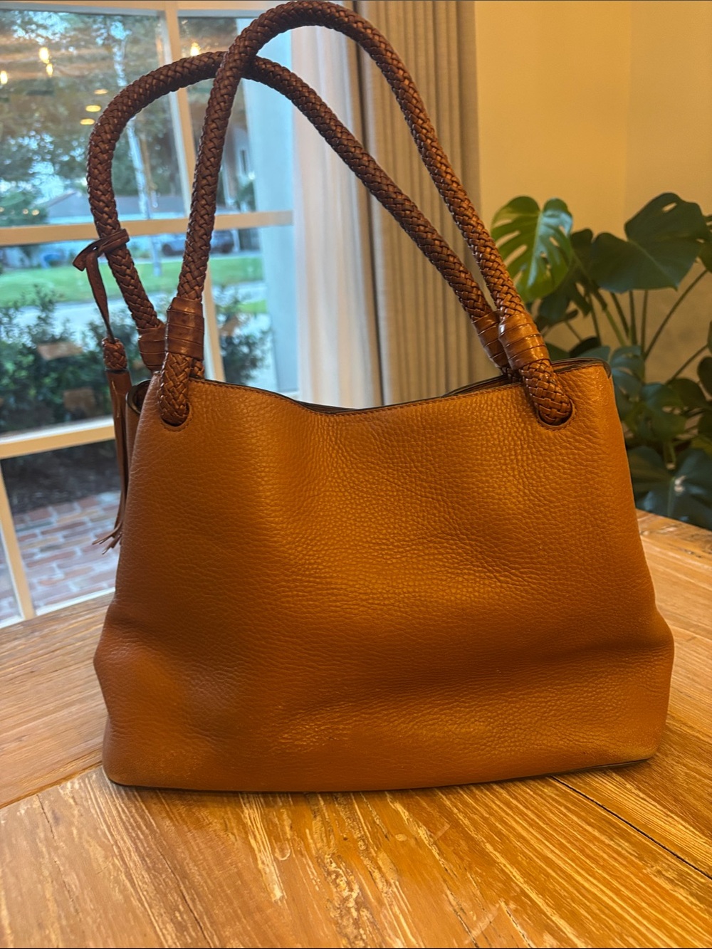 Tory Burch Cognac Braided-Handle Leather Shoulder Bag with Tassel - Picture 4 of 13